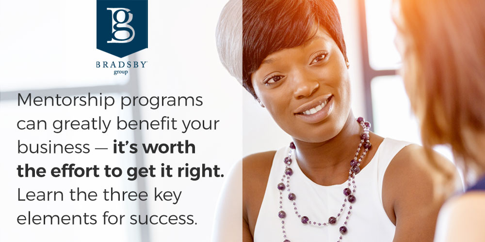 - Bradsby Group Mentorship programs can greatly benefit your business — it’s worth the effort to get it right. Learn the three key elements for success.